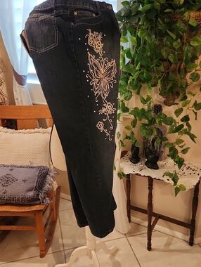 Women’s Dark Blue Flare Jeans with White Butterfly Embroidery